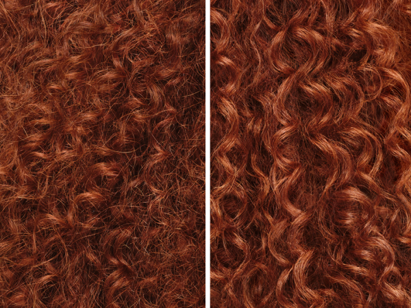Before and after of naturally curly, auburn hair nourished with Dyson Omega products.