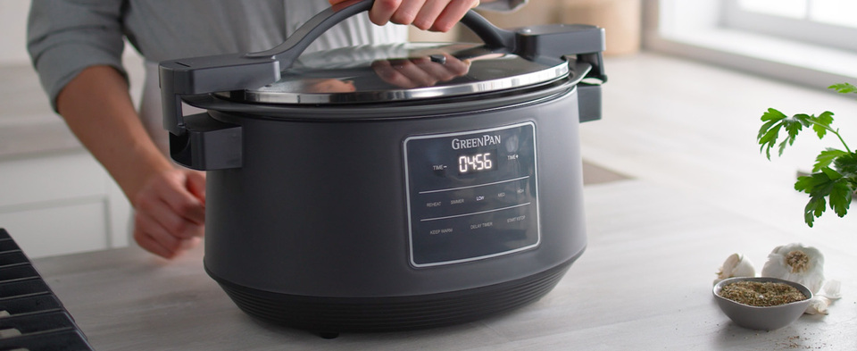 thumbnail video image 3 of GreenPan 8 Quart Locking Lid Slow Cooker, Healthy Ceramic Nonstick, Graphite, 3 of 9