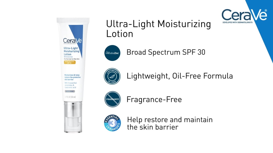 thumbnail video image 2 of CeraVe Ultra-Light Moisturizing Face Lotion with SPF 30, 1.7 oz., 2 of 17