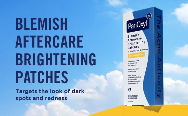 PanOxyl Aftercare Brightening Patches package with text that says, &quot;targets the look of dark spots and redness&quot; with the package sitting in the clouds.