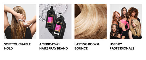 Woman applies hair product, TRESemmé bottles, healthy hair closeup &amp; diverse women with bold styles.