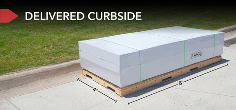 Photo of shed kit in the box on the side of a curb. Text reads, &quot;Delivered curbside.&quot; Box is also labeled with dimensions: Four foot width and Eight foot depth.