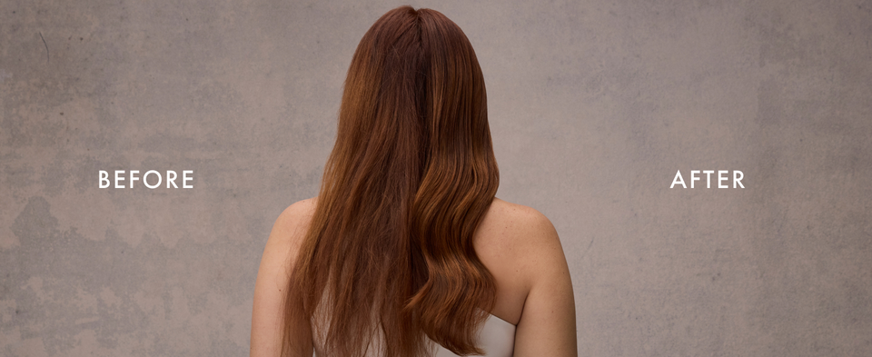 Before/after images of the same woman, from the back, going from damaged to healthy-looking hair.
