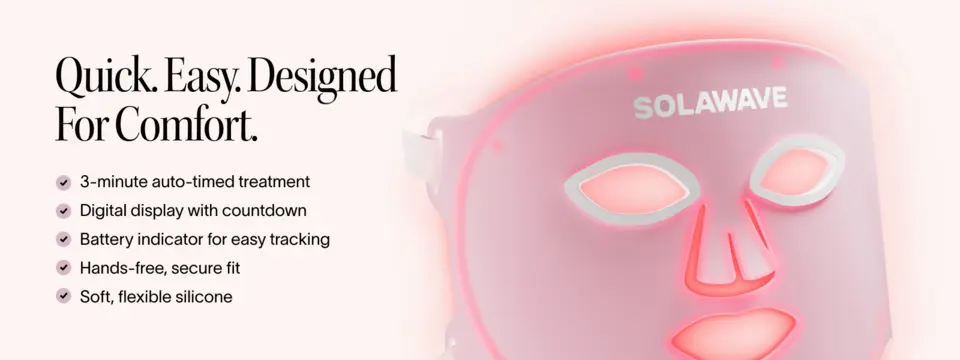 Light therapy face mask with soft flexible design, hands-free fit and auto-timed 3-minute treatment