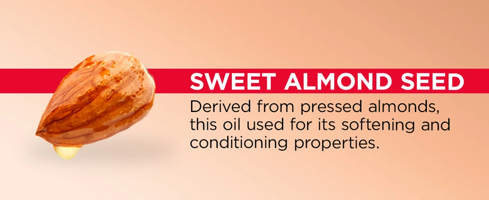 Sweet Almond Seed. Derived from pressed almonds, this oil is used for its softening and conditioning properties
