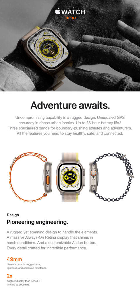 480 Apple &Lt;H1&Gt;Apple Watch Ultra 49Mm (Gps + Cellular) - Yellow Ocean Band Mnh93&Lt;/H1&Gt; Https://Www.youtube.com/Watch?V=Cy1Adxm-Cjm The Most Rugged And Capable Apple Watch Ever, Designed For Exploration, Adventure, And Endurance. With A 49Mm Aerospace-Grade Titanium Case, Extra-Long Battery Life,¹ Specialized Apps That Work With The Advanced Sensors, And A New Customizable Action Button. See Dimension Section Below For Band Sizing Information. &Lt;A Href=&Quot;Https://Lablaab.com/?S=Eufy+Robo&Amp;Post_Type=Product&Amp;Product_Cat=0&Quot;&Gt;More Products&Lt;/A&Gt; &Lt;B&Gt;We Also Provide International Wholesale And Retail Shipping To All Gcc Countries: Saudi Arabia, Qatar, Oman, Kuwait, Bahrain.&Lt;/B&Gt; Apple Watch Ultra 49Mm Apple Watch Ultra 49Mm (Gps + Cellular) - Yellow Ocean Band Mnh93