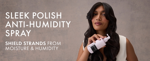 Woman with wavy hair holding a Nexxus bottle next to text highlighting product benefits.