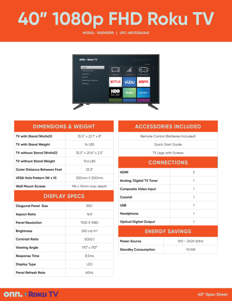 onn. 40" Class 1080p FHD Roku Smart LED TV (100005395) - Walmart.com