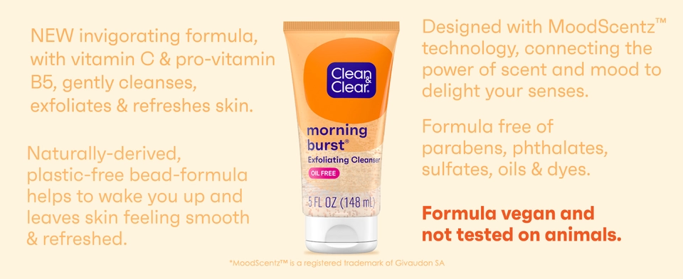 Bottle of Clean & Clear Morning Burst Exfoliating Facial Cleanser on orange background