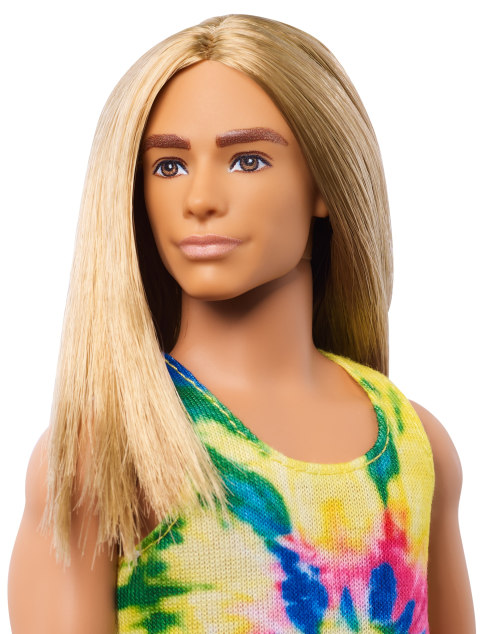 Ken Fashionistas Doll with Long Blonde Hair, Wearing Tie-Dye Shirt, Denim  Shorts and Shoes, for 3 to 8 Year Olds 