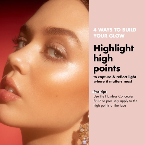 Model applying Halo Glow Liquid Filter, text explaining one of four ways to build your glow