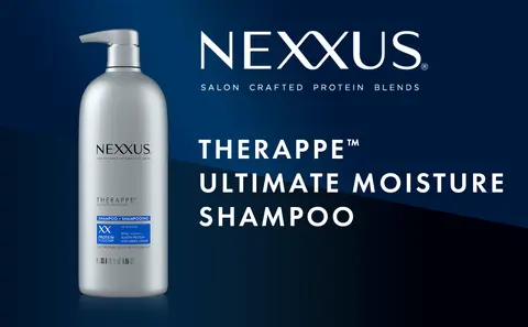 The title under the Nexxus logo reads: THERAPPE ULTIMATE MOISTURE SHAMPOO. To the left is a Nexxus Shampoo pump bottle over a dark blue background.