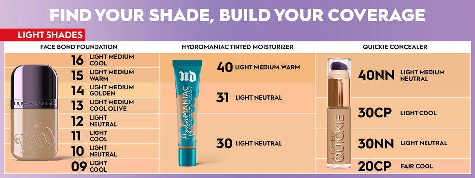 Find your shade, build your coverage image featuring Urban Decays Face Bond, Hydromaniac, and Quickie Concealer for light skin tones