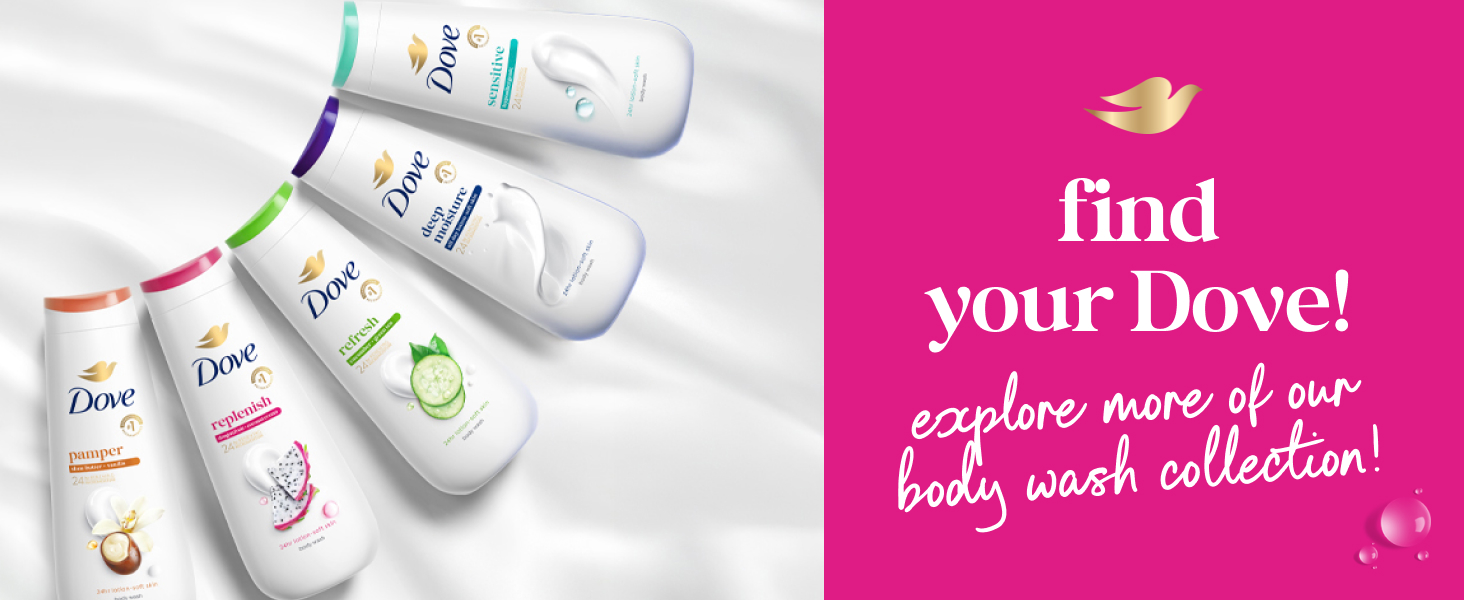 Dove body wash bottles rest on silky white fabric, with a fucshia background &amp; dove emblem.