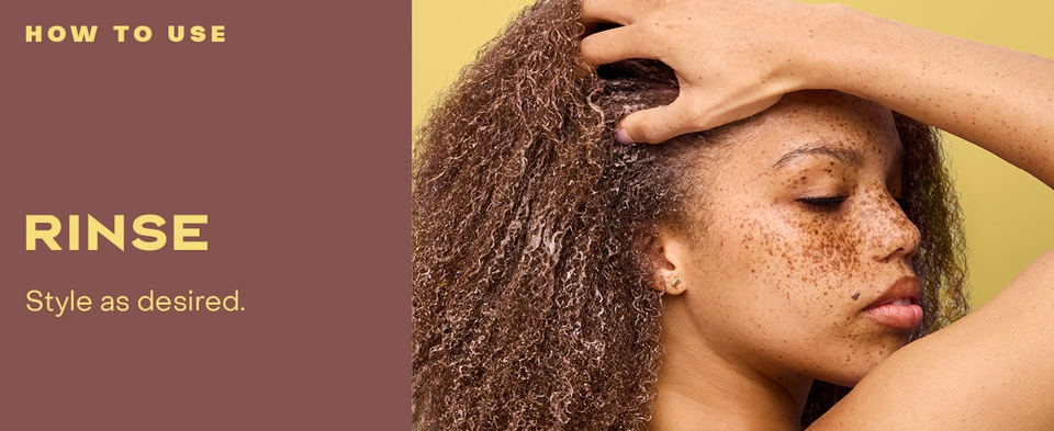 Image of a young woman running her hand through her curly hair, next to rinsing instructions