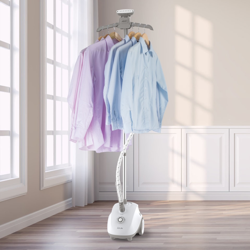 thumbnail video image 2 of Salav 1500 Watts Adjustable Home Commercial Fabric Iron Garment Steamer, White, 2 of 7