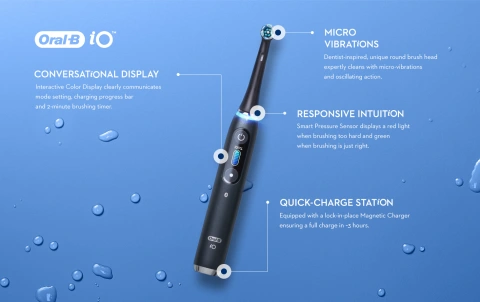 The Oral-B iO series 9 has a Conversational Display, Micro vibrations, Responsive Intuition and a Quick-Charge Station