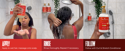 A woman in the shower applies shampoo, massages her curls &amp; rinses, with bottles on shelves.