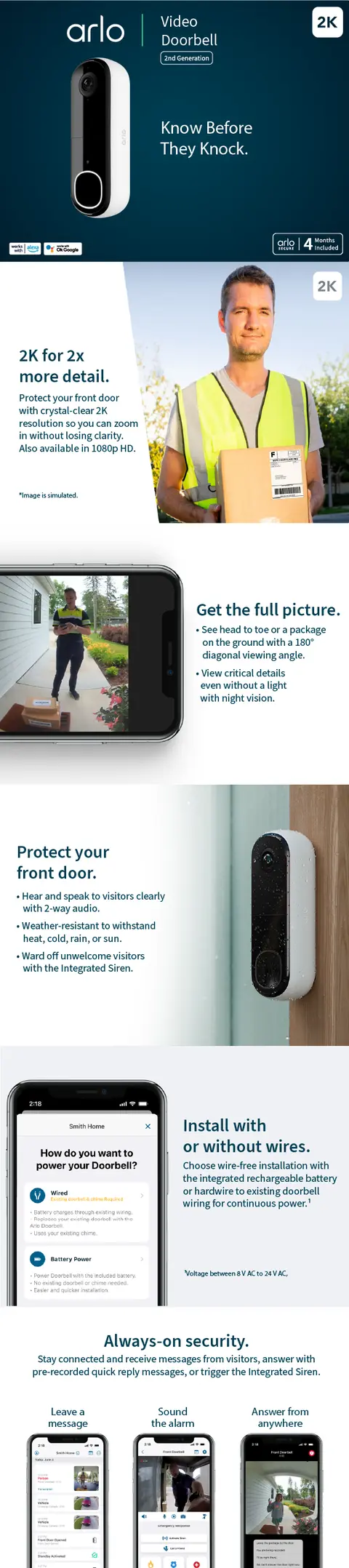 Arlo Video Doorbell 2K 2nd Gen with Included 4-Month Arlo