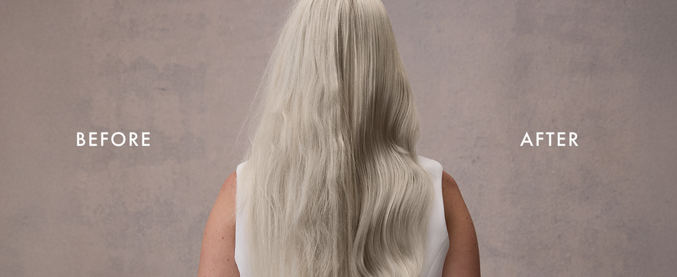Before-and-after shot of wavy white hair going from damaged and frizzy to moisturized and soft.