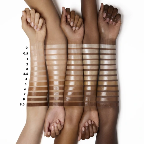 Arm swatch of the twelve Halo Glow Liquid Filter shades