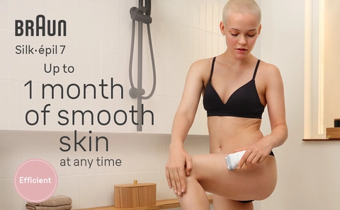 Woman uses Silk-&#233;pil on legs for up to one month of smooth skin.