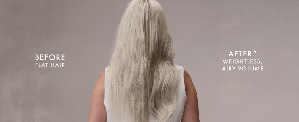 Back of a woman's long, blond hair going from flat to a weightless, airy volume hairstyle.