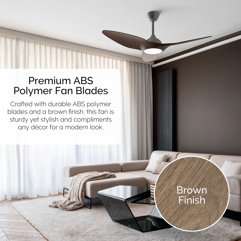 The smart ceiling fan mounted inside a modern living room