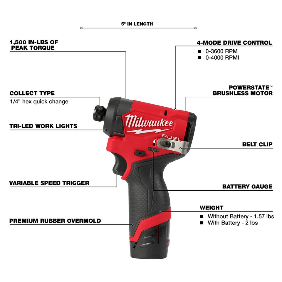 プレジションインパクト Milwaukee Tool - M12 Cordless Impact Driver: 12V, 1/4