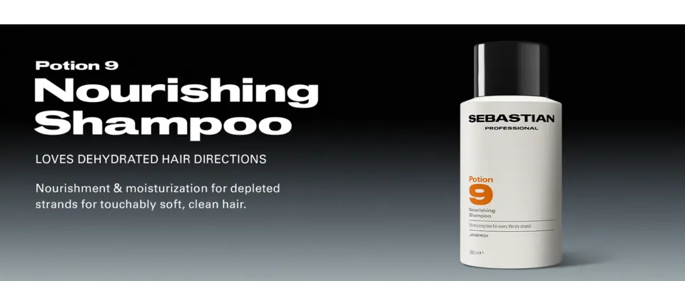 Bottle of Sebastian Professional Potion 9 Nourishing Shampoo on a gradient background.