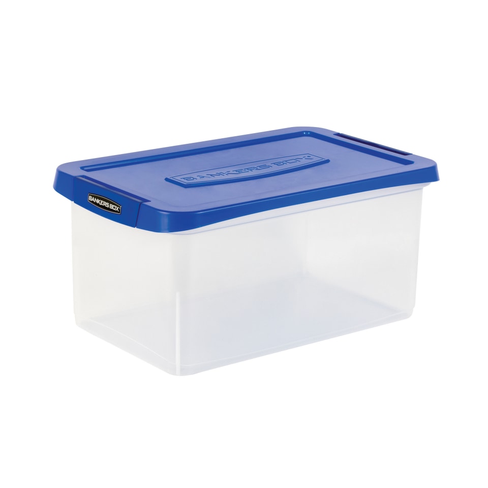 Bankers Box Heavy-Duty Plastic Storage Bin, Extra Deep 20 inch Letter-Size, 10-3/8 inch x 14-1/4 inch, Taa Compliant, Clear/Blue, Pack of 1