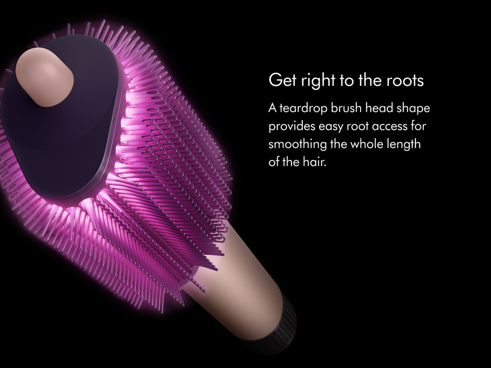 A teardrop brush head shape provides easy root access for smoothing the whole length  of the hair.