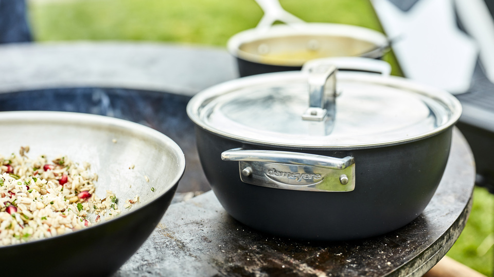 thumbnail video image 2 of Demeyere Black 5 Stainless Steel with Ceramic exterior coating 9.5-in Double Handle Fry Pan, 2 of 4