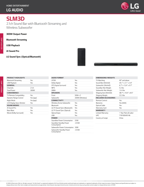 LG 2.1 Channel Soundbar with Wireless Subwoofer and BT Connectivity