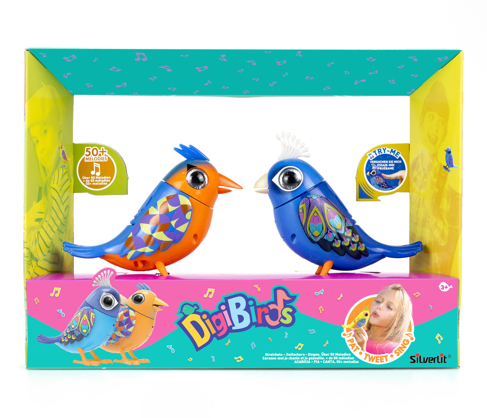 thumbnail video image 2 of Silverlit Digibirds Twin Pack, Interactive, Animated Electronic pet with Sounds and Record & Playback, Sings, Head Turns, 2 of 8