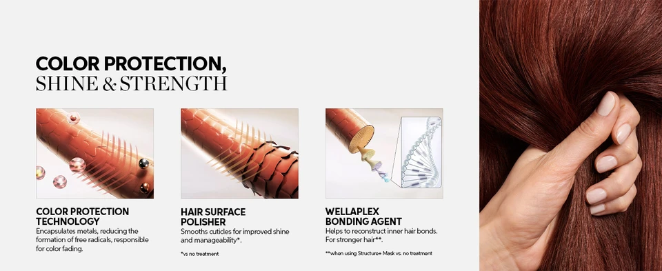 Color Protection, shine, and strength results from technology that encapsulates metals, polishes hair surface, and reconstructs inner bonds