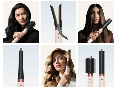 Attachments for the Dyson Airwrap Co-anda2x multi-styler and models styling their hair.