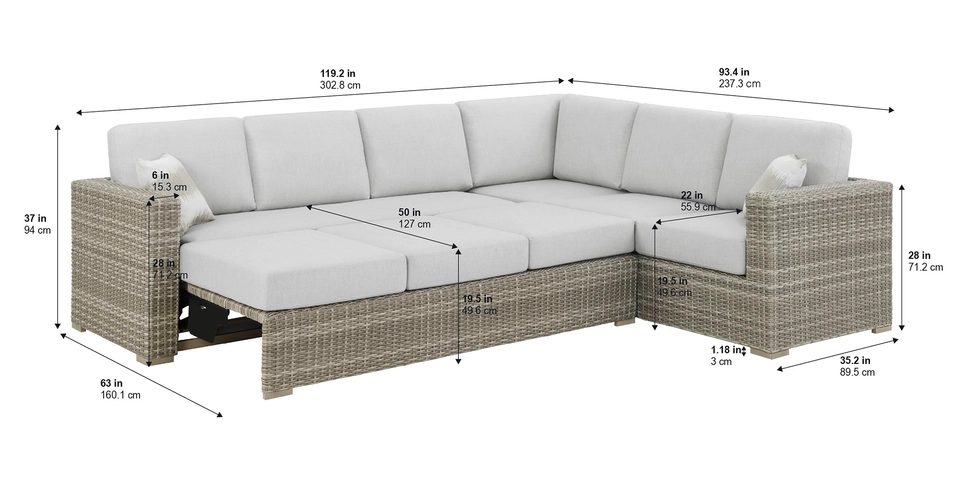 Dimensions showing extended Thomasville Outdoor Dillard Convertible Sectional