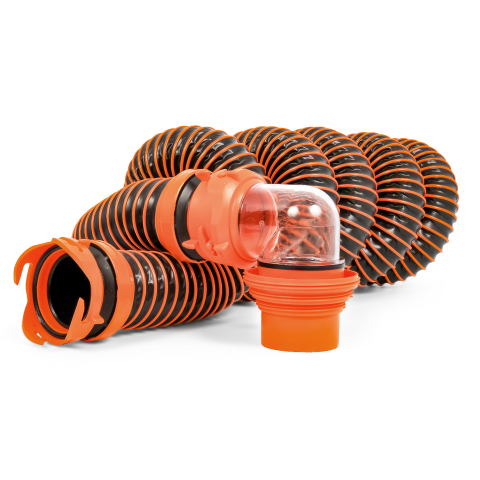 thumbnail video image 2 of Camco RhinoEXTREME RV 15-Foot Sewer Hose Kit - TPE Material, Black and Orange (39860), 2 of 9
