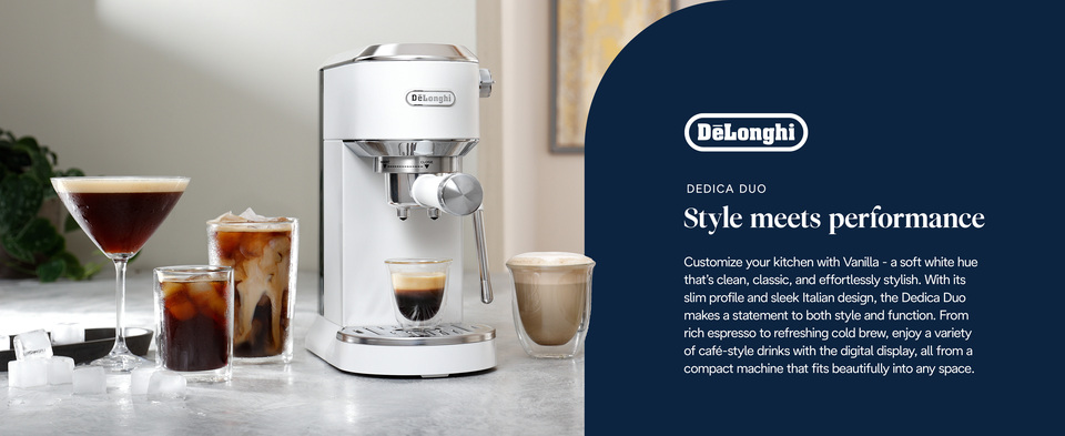 thumbnail video image 2 of De’Longhi Dedica Duo Espresso Machine, Compact Size with Built in Frother for Latte Art, Brew Espresso, Cold Brew, Lattes & More, Vanilla, 2 of 13