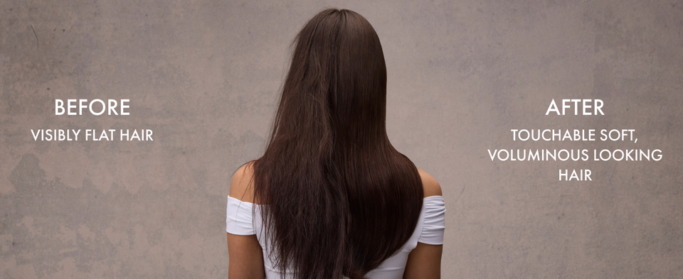 Backshot of woman's straight hair split in half showing how it goes from flat to voluminous.