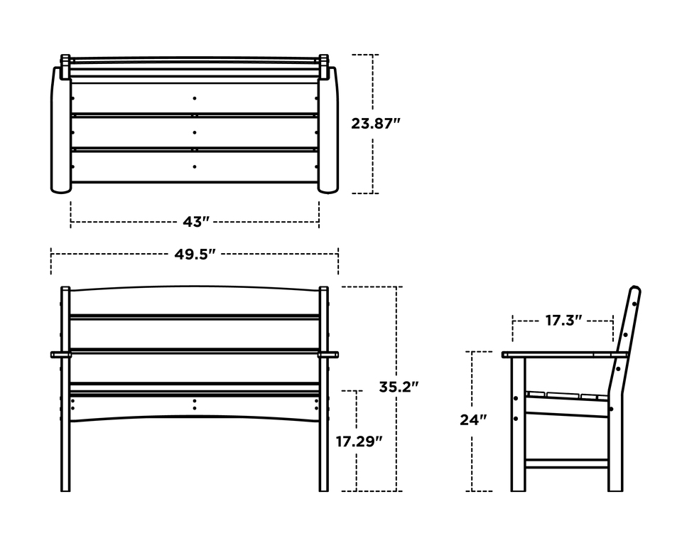 Long Beach 48&quot; Bench dimensional drawing