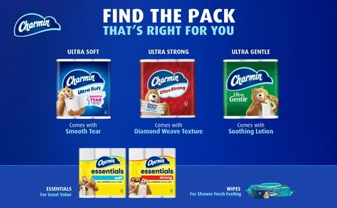 Different packages of Charmin Toilet Paper products:  Ultra Soft, Ultra Strong, Ultra Gentle, Essentials Soft, Essentials Strong and Wipes. Text reads: Find the pack that's right for you.