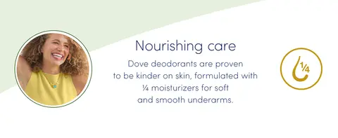 Smiling woman with arms up next to Dove deodorant benefits, set against a soft green-white backdrop