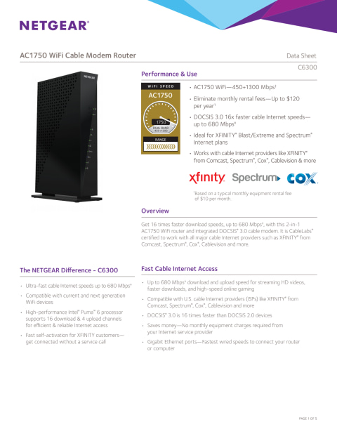 Netgear C6300 Ac1750 Wifi Router With Docsis 30 Cable Modem