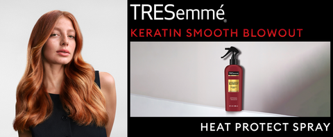 Red-haired model with silky waves beside a TRESemmé heat protect spray on a minimalist backdrop.