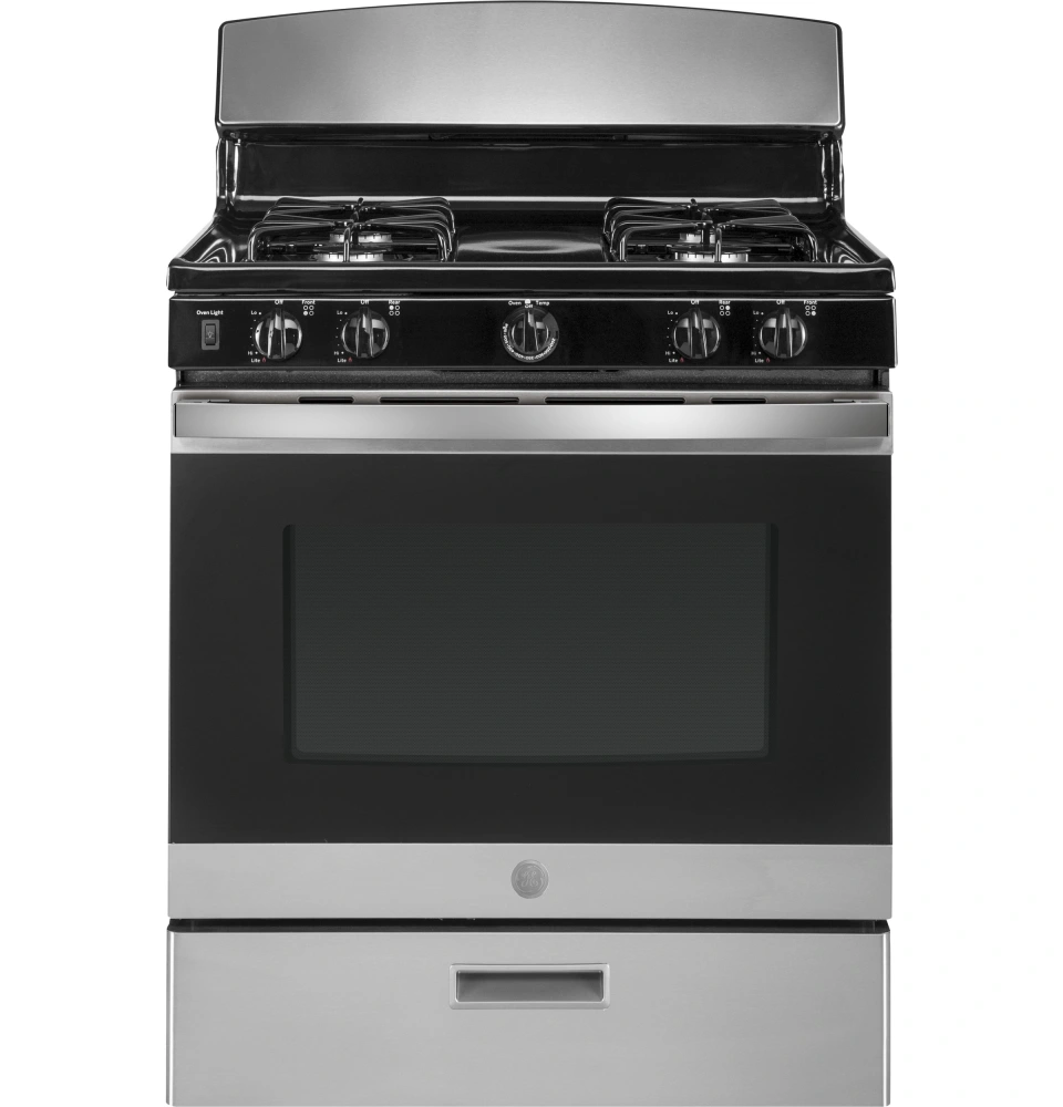 GE JGBS30RETSS 4.8 CuFt 4 Burner Freestanding Gas Range in Stainless Steel with Precise Simmer Burner BrandsMart USA