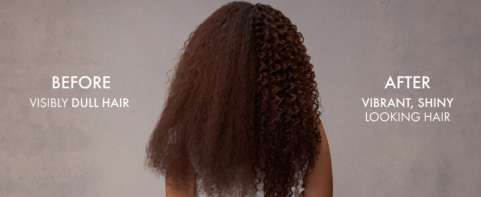 Woman shown from behind with curly hair split to compare before and after conditioner results.