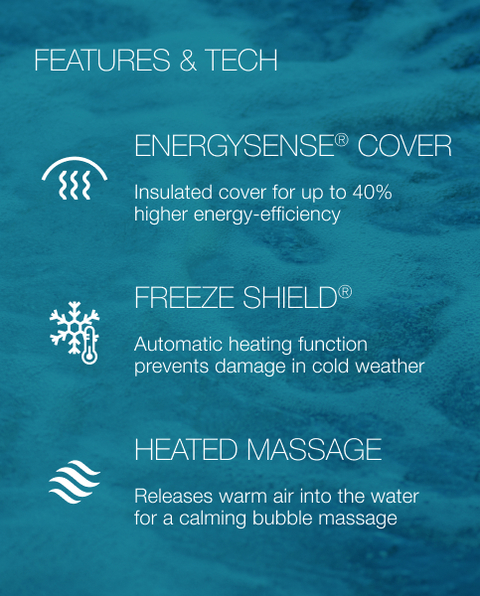 EnergySense cover for up to 40% higher energy-efficiency. Freeze Shield heating function prevents damage in cold weather. Heated Massage for a calming bubble massage