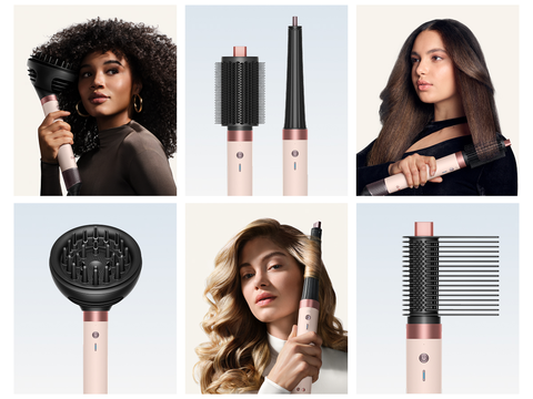 Attachments for the Dyson Airwrap Co-anda2x multi-styler and models styling their hair.